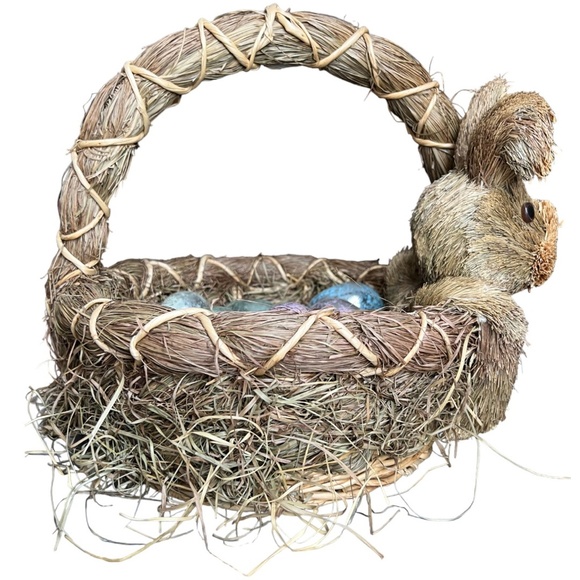 💕 SOLD 💕 Extra Large Sisal EASTER BASKET Bunny Rabbit Metallic Eggs 15" L x 14 - Picture 5 of 12